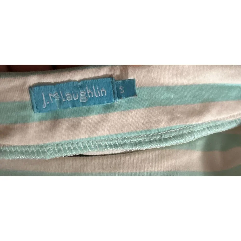 J. McLaughlin Top Crewneck Shoulder Buttons Tunic Green White Stripes Sweater SM - Picture 5 of 6